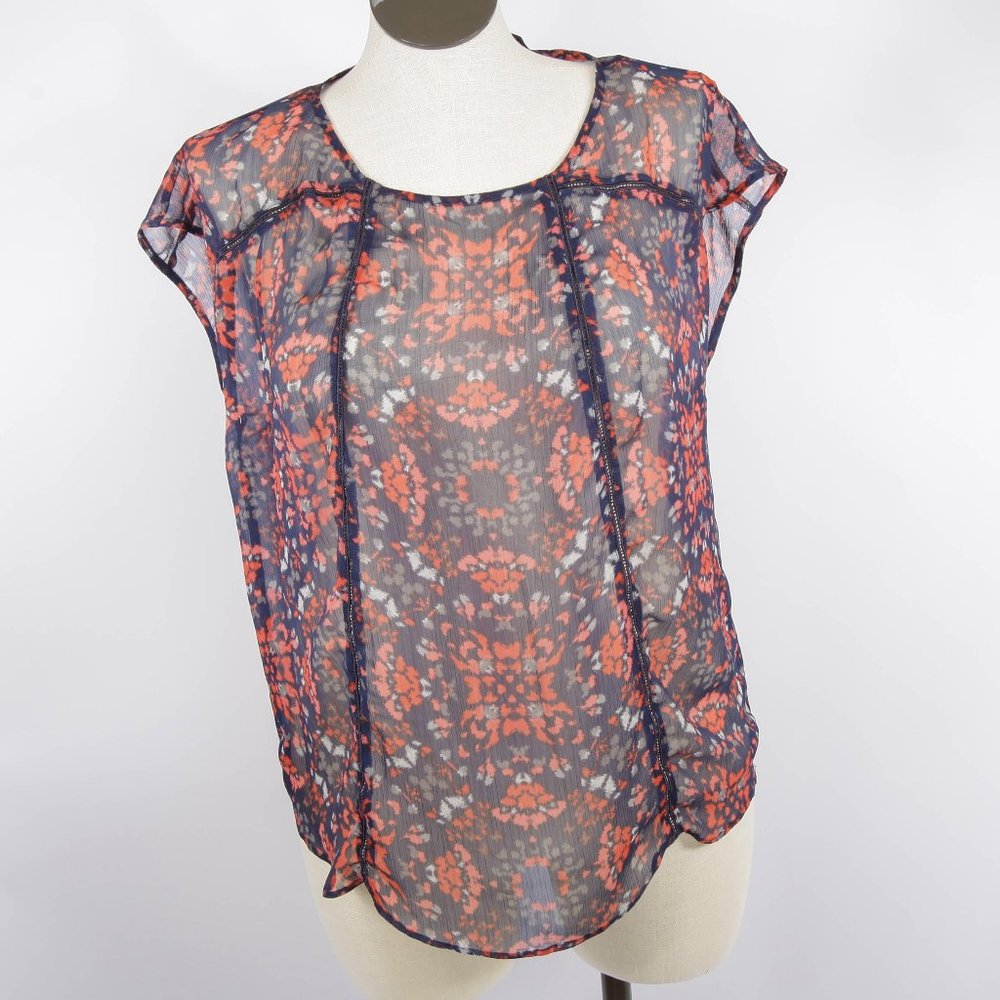 a.n.a. Red & Blue Floral Print Sheer Blouse XL